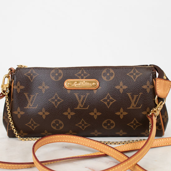 Louis Vuitton handbag with monogram pattern on a light background