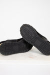 Black shoes with textured soles on a white background
