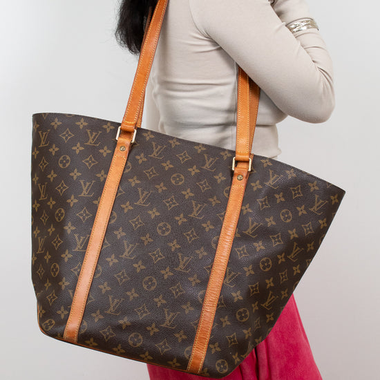Person holding a Louis Vuitton monogram handbag against a plain background
