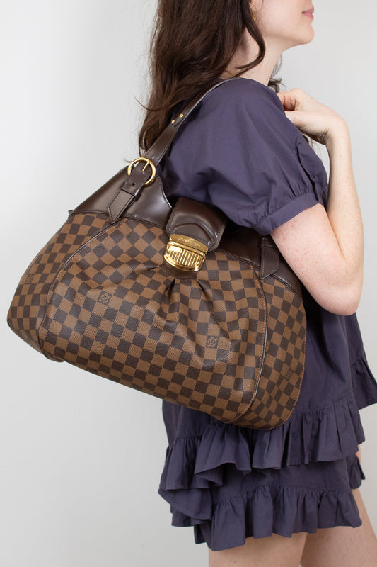 Woman holding a brown checkered handbag with a gold clasp against a white background