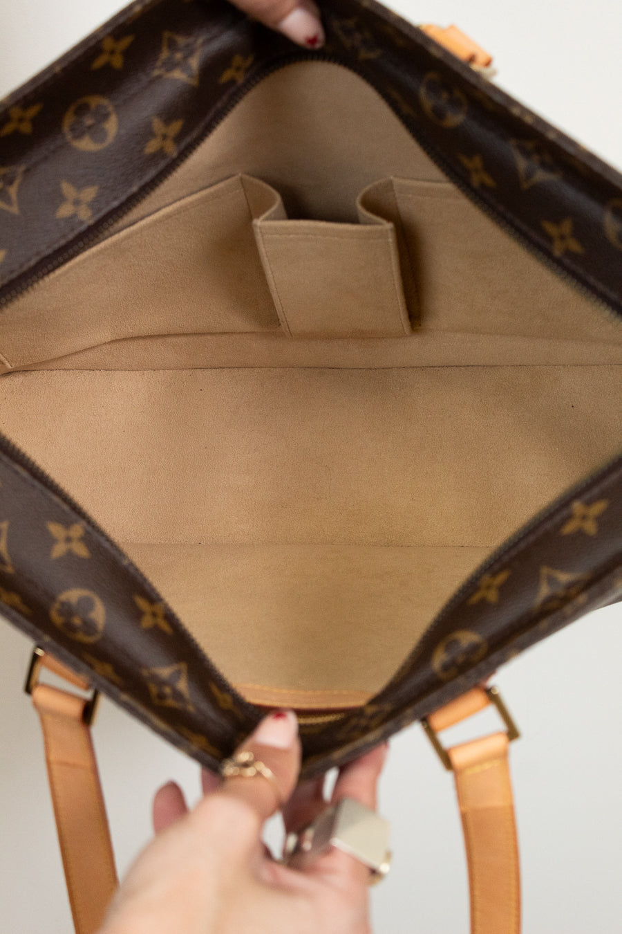 Inside of tote monogram tote on white background