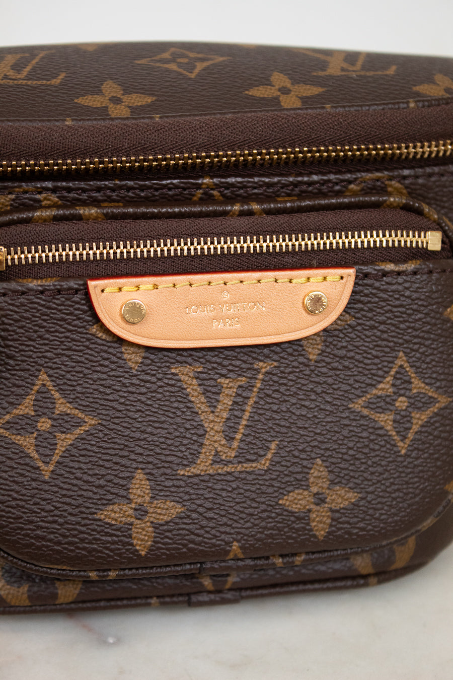Louis Vuitton monogram bag with gold zipper on a white background