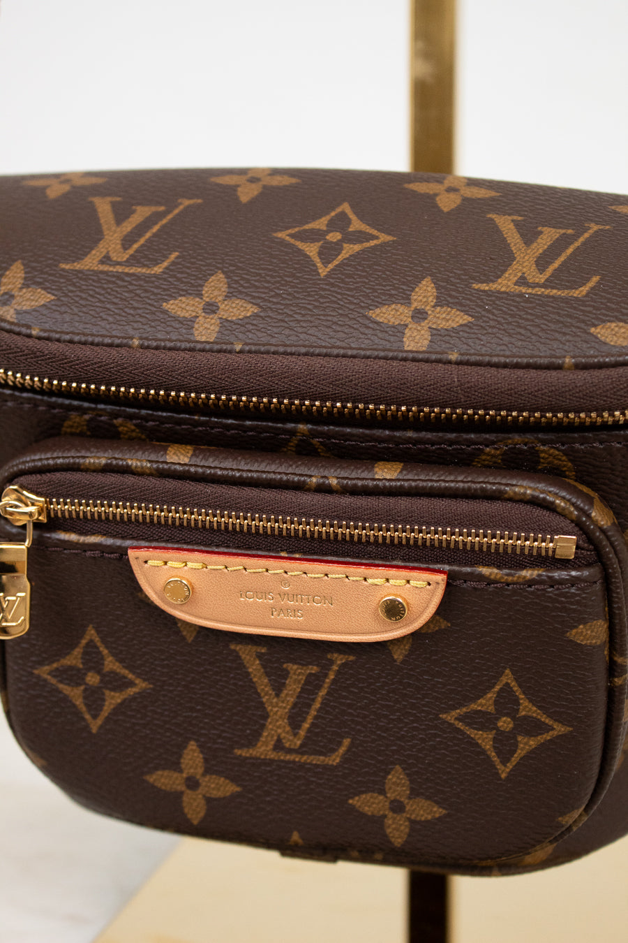 Louis Vuitton monogram handbag with gold zipper and hardware on a white background