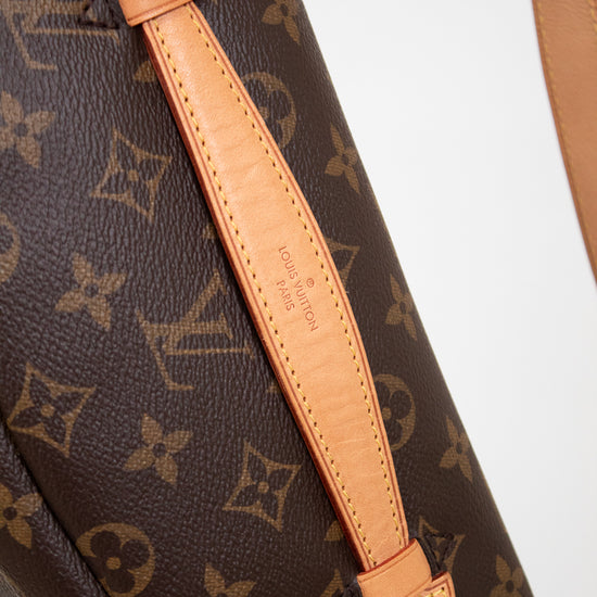 Close-up of a Louis Vuitton monogram shoulder bag in dark brown coated canvas with tan leather trim and strap, showing the classic LV monogram pattern and embossed brand text on the leather tab.