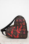Heart-shaped handbag with Louis Vuitton monogram and graffiti-style text on a white background