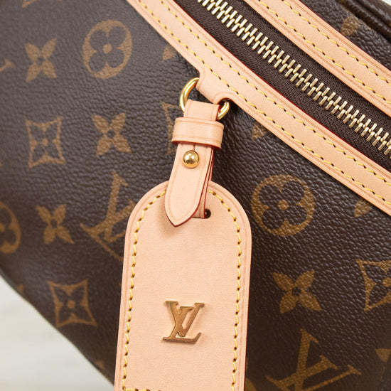 Close-up of a Louis Vuitton monogram bag in brown coated canvas with tan leather trim and a matching leather luggage tag featuring the embossed LV logo.