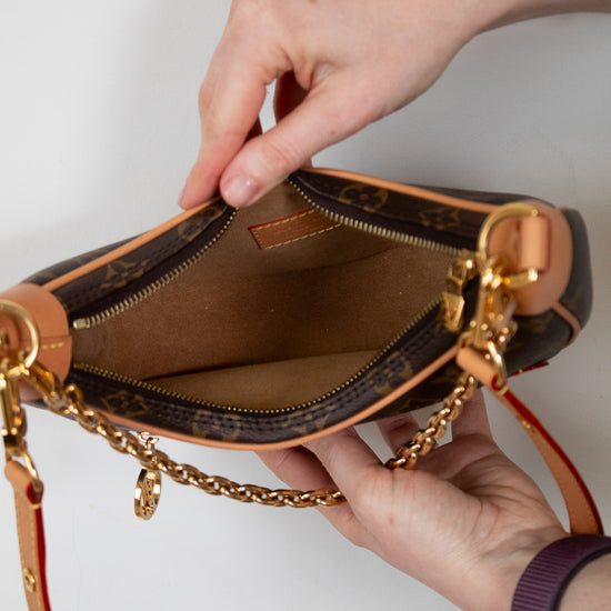 Hand holding an open handbag with a gold chain strap against a neutral background