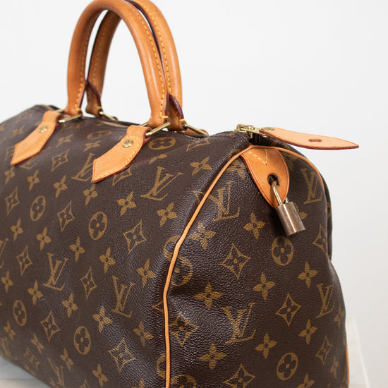 A Louis Vuitton monogram canvas Speedy handbag in dark brown with tan leather handles and trim, shown on a light gray background.