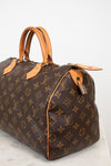 A Louis Vuitton monogram canvas Speedy handbag in dark brown with tan leather handles and trim, shown on a light gray background.