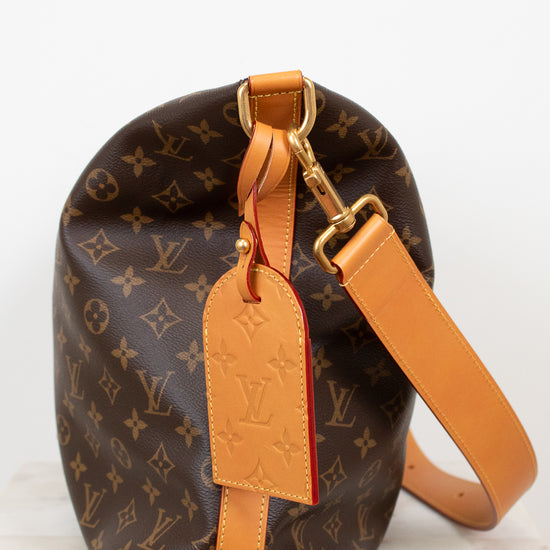 Louis Vuitton monogram handbag with tan leather strap on a white background