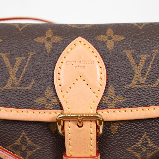 Louis Vuitton monogram handbag with strap on a white background
