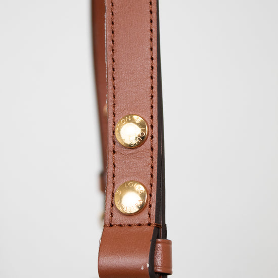 Close-up of a brown leather strap with gold-tone metal rivets and hardware, shown against a plain light gray background.