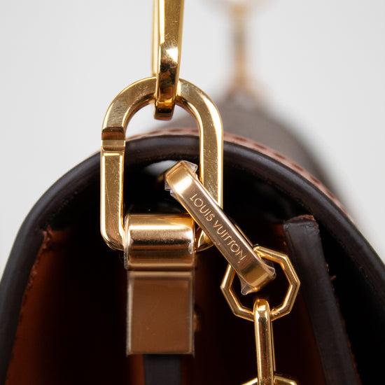 Close-up of a Louis Vuitton handbag hardware detail, showing a gold-tone metal clasp and chain with the Louis Vuitton name engraved on a small tag, attached to a dark brown leather bag against a light gray background.