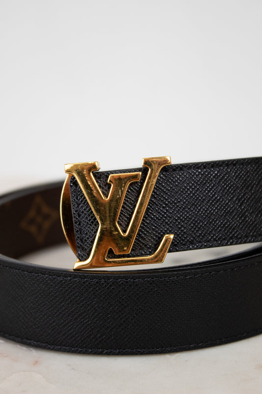 Black belt with gold buckle on a light gray background