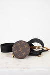 Louis Vuitton monogram handbag with black strap on a white background