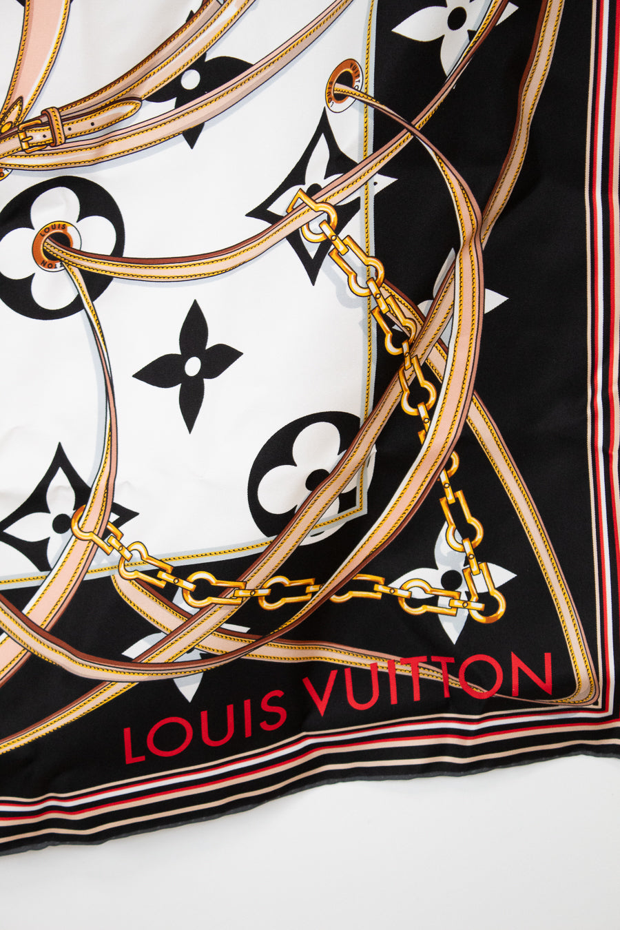 Close up of Louis Vuitton decorative scarf