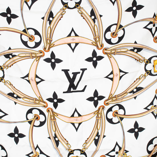 Louis Vuitton scarf with brand logo and decorative patterns