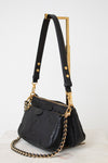 A black leather shoulder bag with gold-tone hardware, featuring a gold-tone metal  chain strap, shown on a white background.