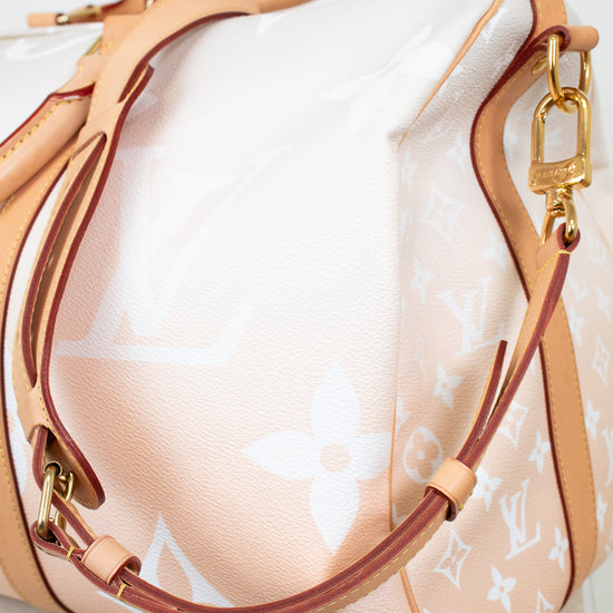 Designer handbag with beige strap and gold hardware on a white background