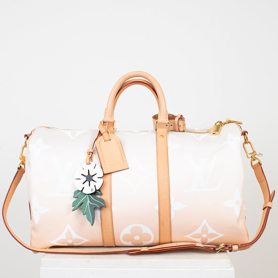 Designer handbag with floral design on a white background