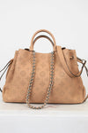 Beige handbag with a chain detail on a white background