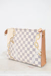 Checkered pouch with gold chain design on a white background