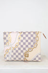 Checkered pouch with chain design on a white background