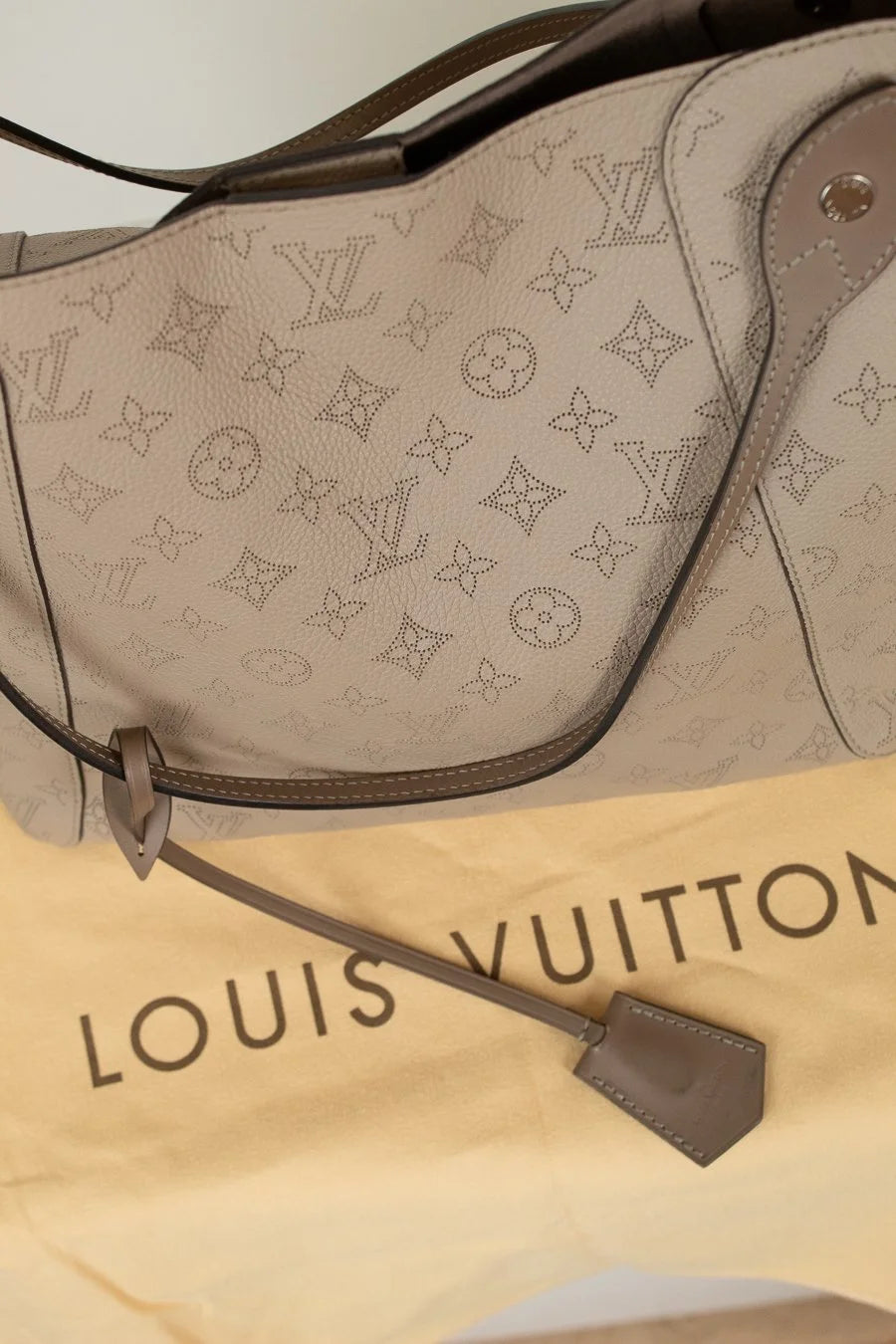 Louis Vuitton handbag with monogram pattern on a white background