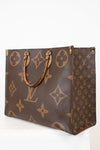 Brown Louis Vuitton handbag with monogram pattern on a white background