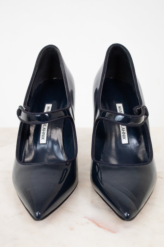Pair of navy high-heeled shoes with a brand label on a light background