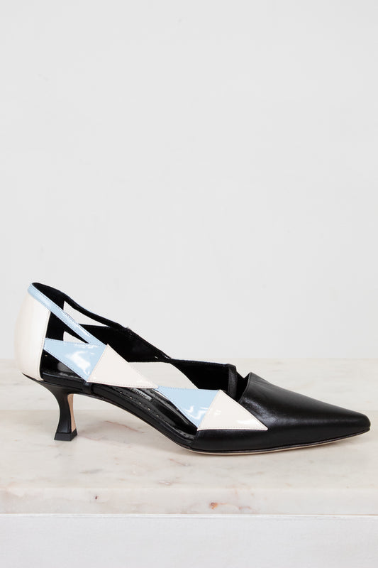 Side profile of black shoe with blue and white triangle details