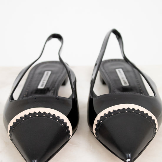 Black flat shoes with pointed toes on a light background