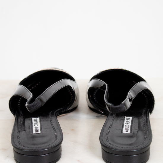 Pair of black sandals on a white background