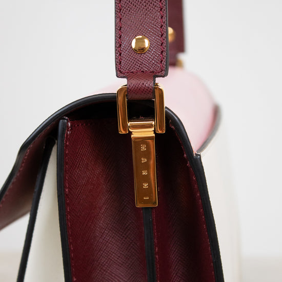 Close-up of a luxury handbag showing a deep burgundy saffiano leather strap, a gold-tone metal clasp with 'MARNI' engraved, and a soft pink leather exterior panel.