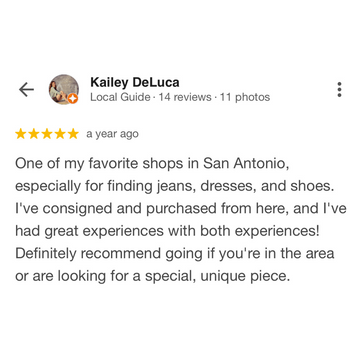 Five-star review from Kailey DeLuca about a shop in San Antonio, Texas.