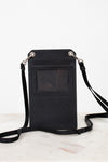 Black crossbody bag with a strap on a white background