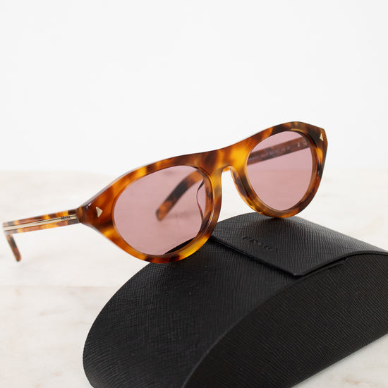 Tortoiseshell sunglasses with brown lenses on a black case against a white background