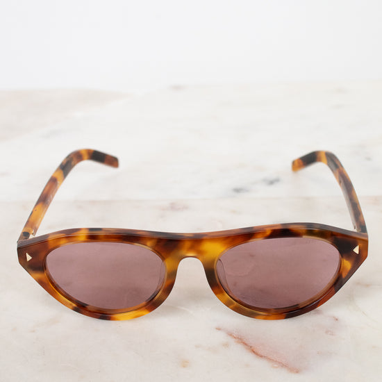 Sunglasses with tortoiseshell frame and brown lenses on a light background