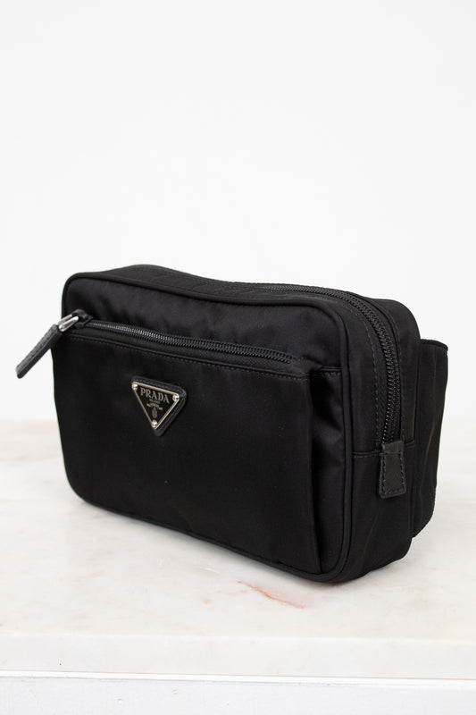 Black bag with a brand logo on a white background