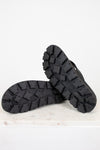 Black rubber sandals on a light gray background