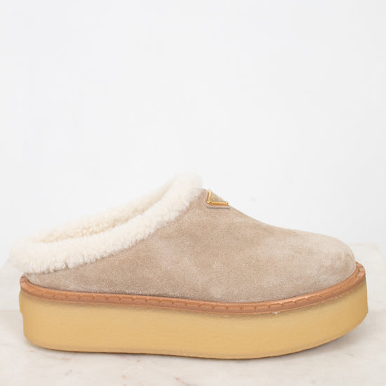 Beige slipper with white shearling lining on a light background