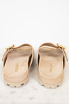 Pair of beige Prada sandals on a white background