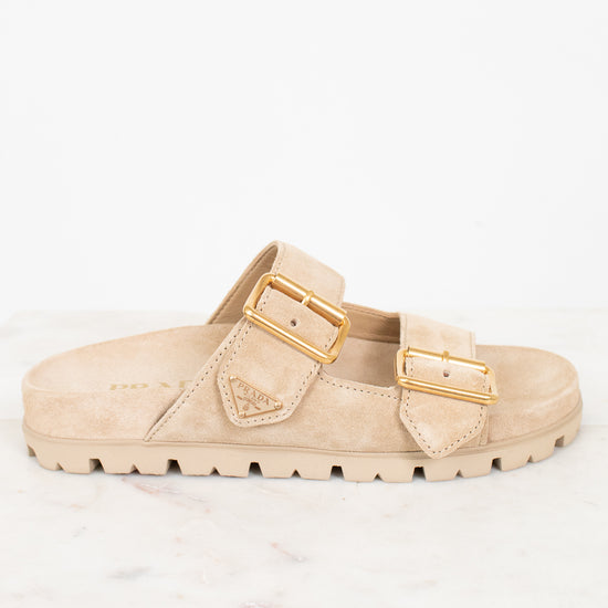 Beige sandal with gold buckles on a white background