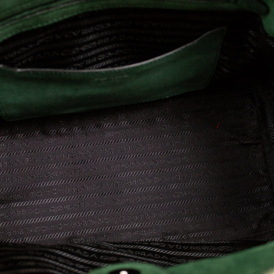 Close-up of a green bag with a textured interior