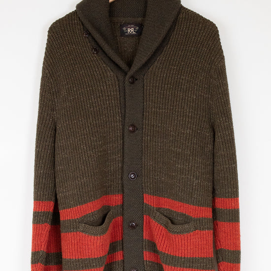 Brown cardigan with orange stripes on a white background