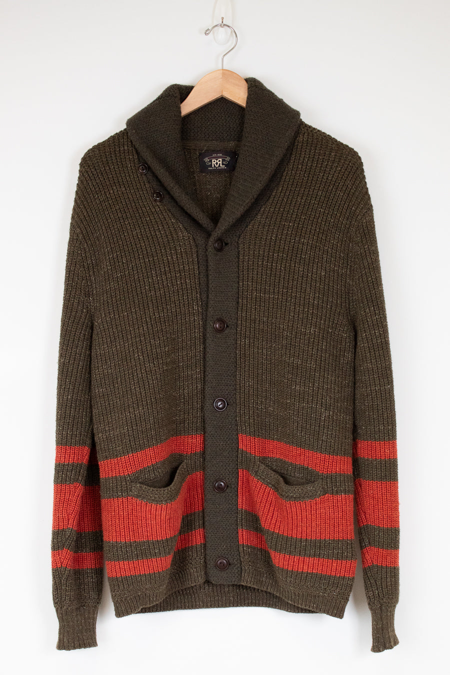 Brown cardigan with orange stripes on a white background