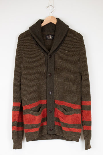 Brown cardigan with orange stripes on a white background