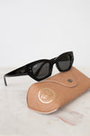 Black sunglasses with a brown case on a light background