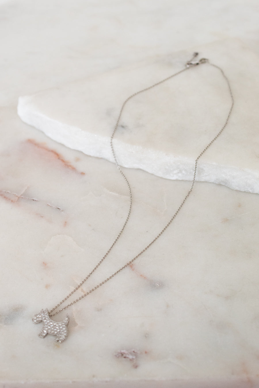 Necklace with a dog-shaped pendant on a marble surface
