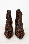 A pair of pointed-toe ankle boots with a brown and black leopard print pattern, photographed against a clean white background.